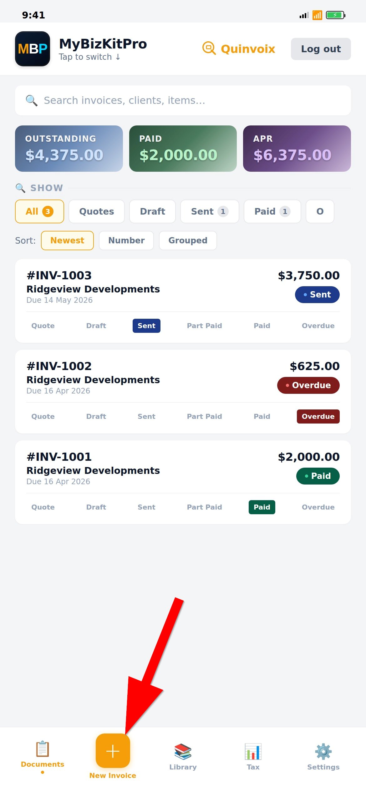 Quinvoix home screen with the New Invoice button highlighted in the bottom tab bar