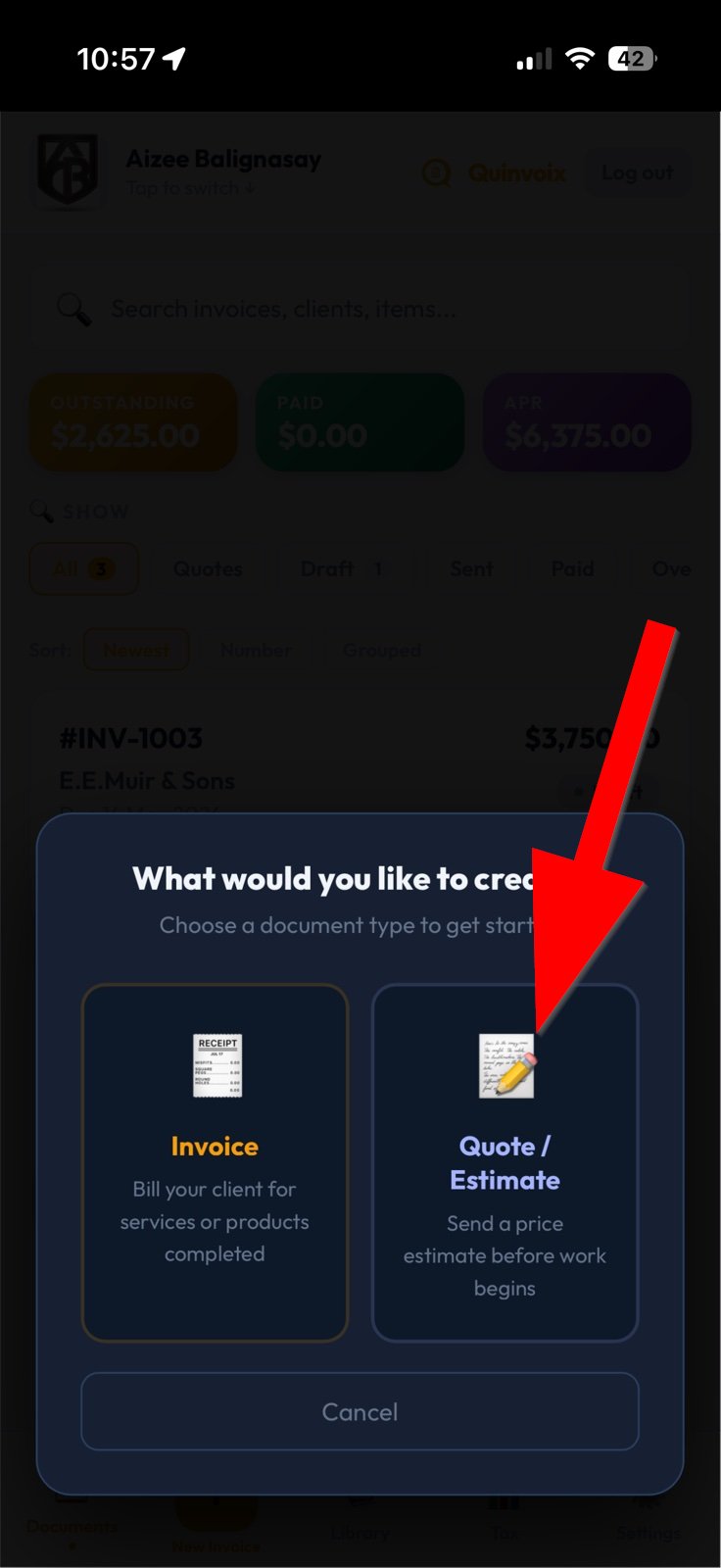 Document type selector showing Invoice and Quote options