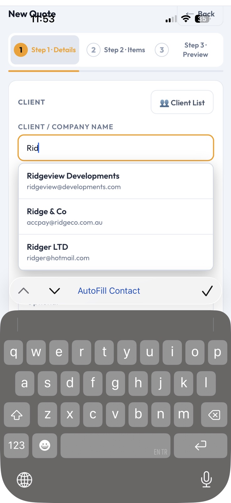 Client field showing autocomplete suggestions as the user types