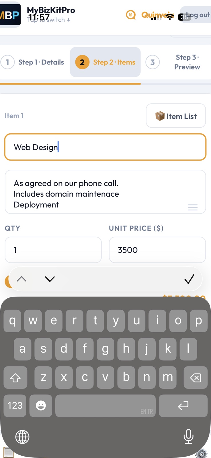 Line item entry with description, quantity, and unit price fields