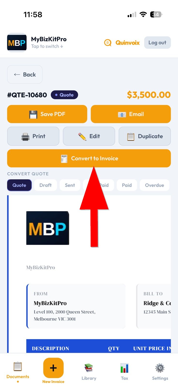Quote detail screen with the Convert to Invoice button highlighted