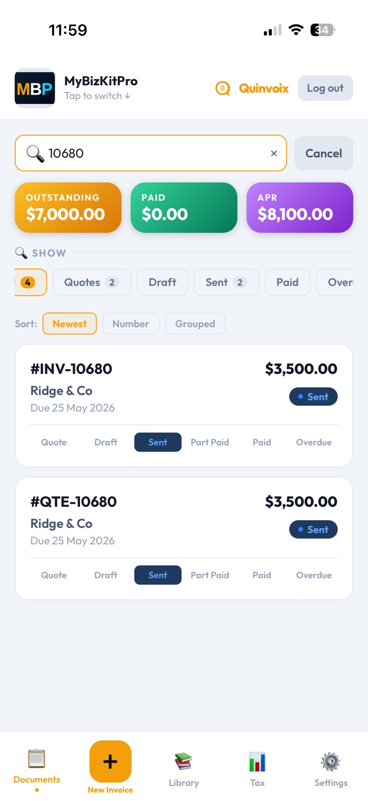 Documents view showing the quote and matching invoice as separate entries