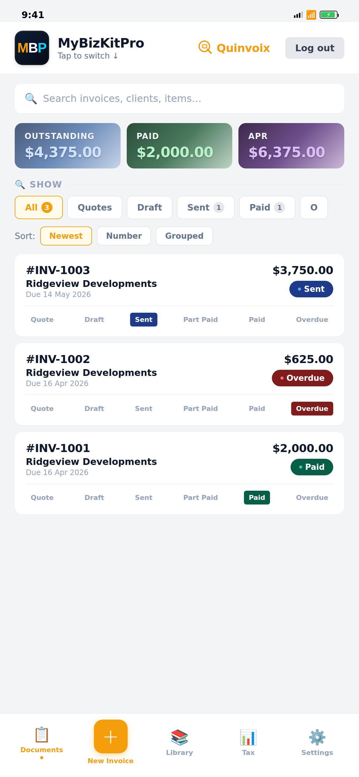 Dashboard — all invoices at a glance