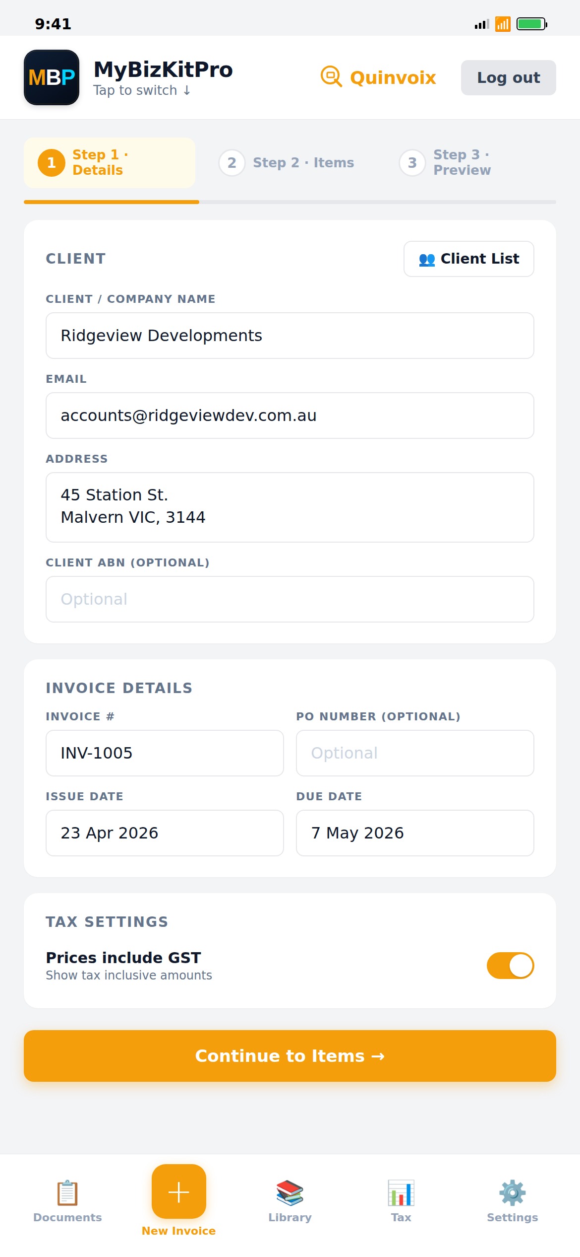 Create invoice — step 1 details