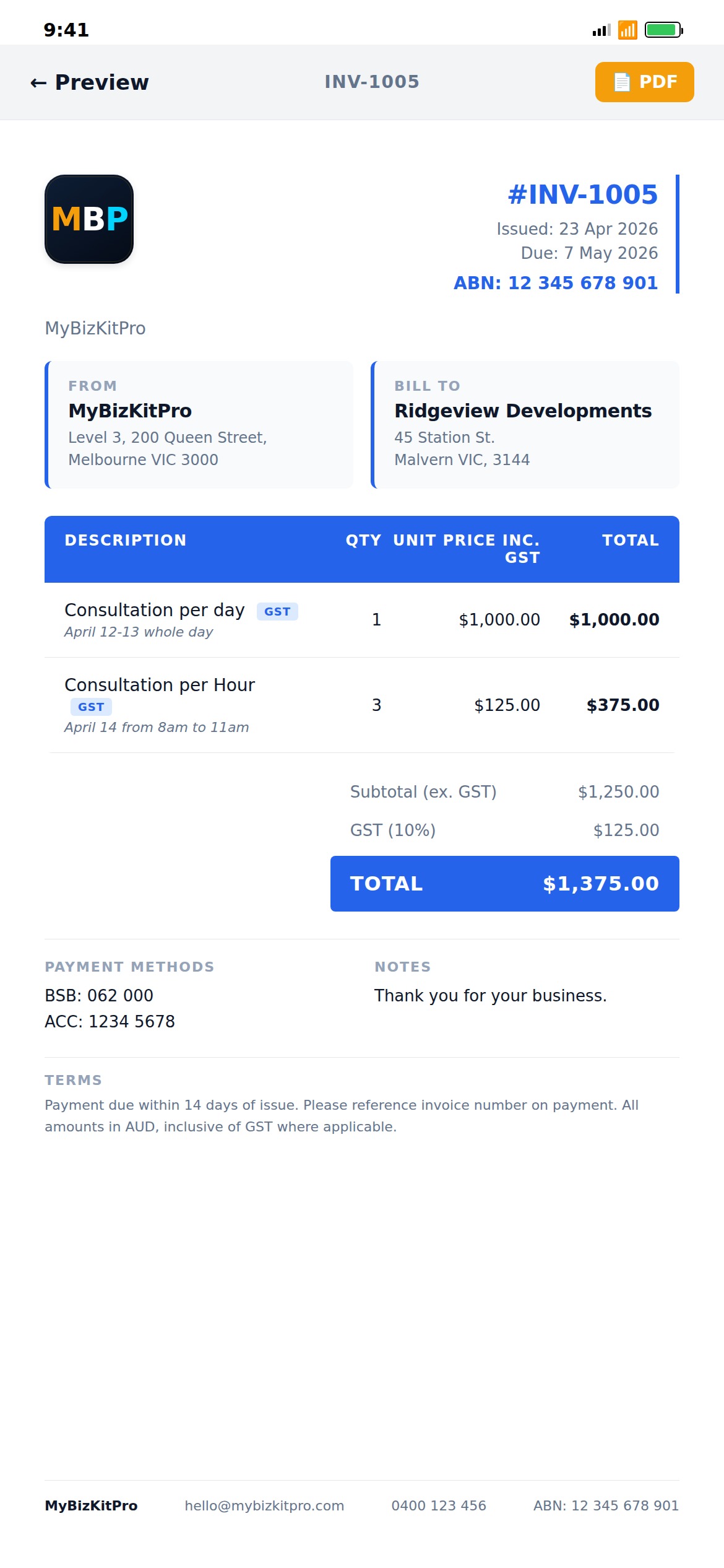 Professional invoice preview