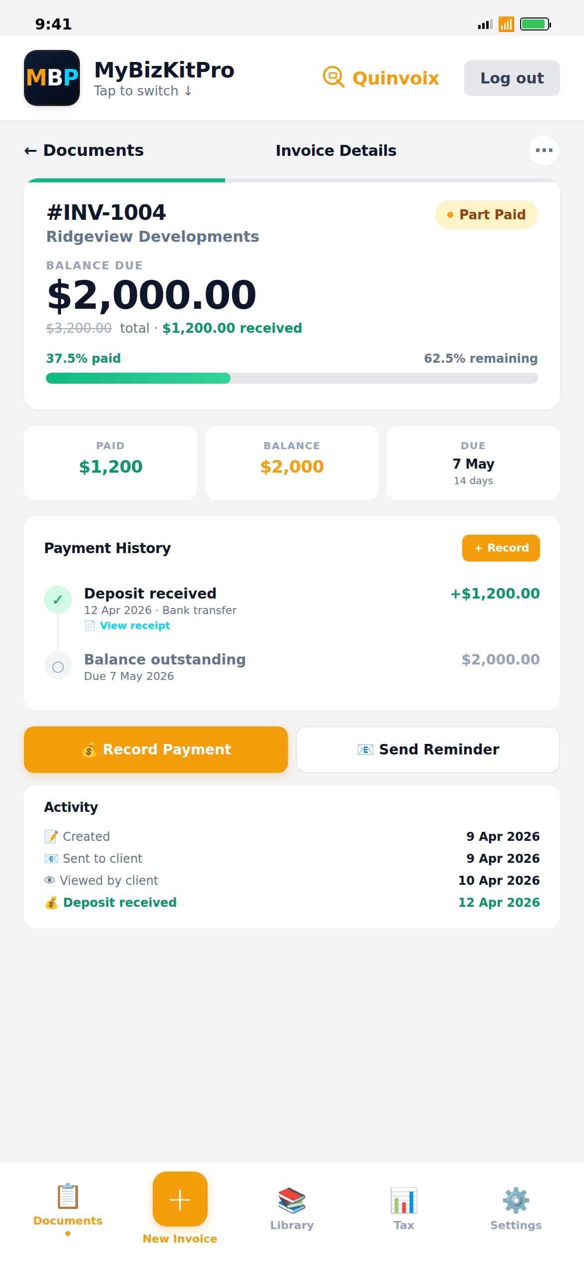 Partial payments and deposits tracking