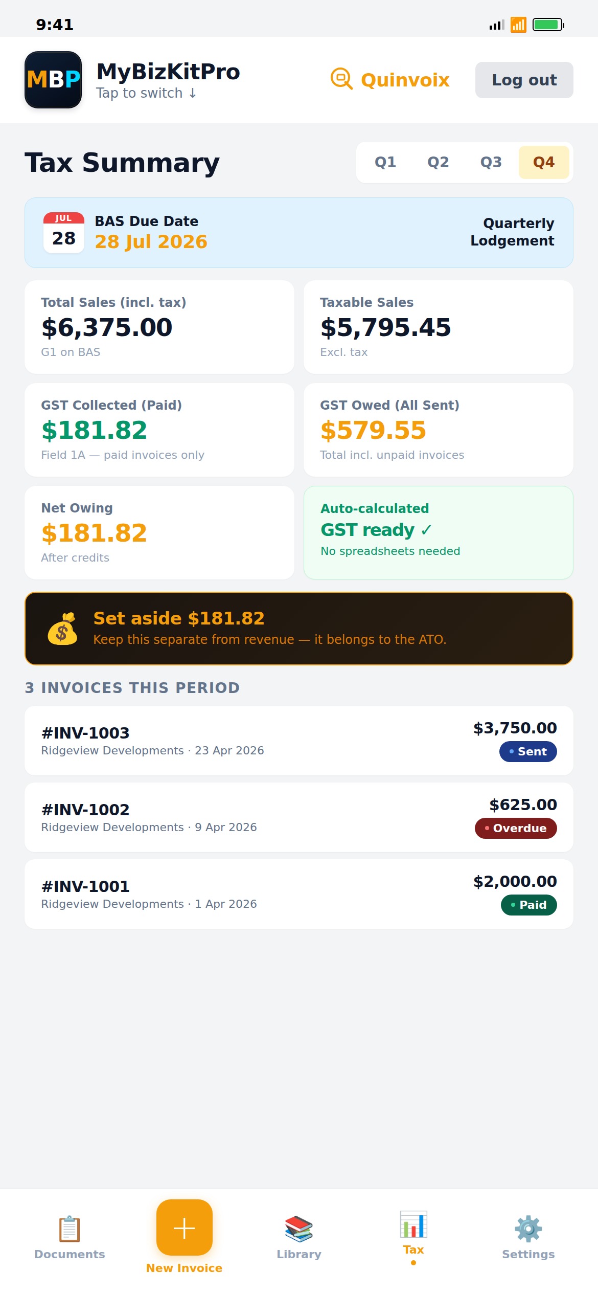 Quarterly tax and BAS summary