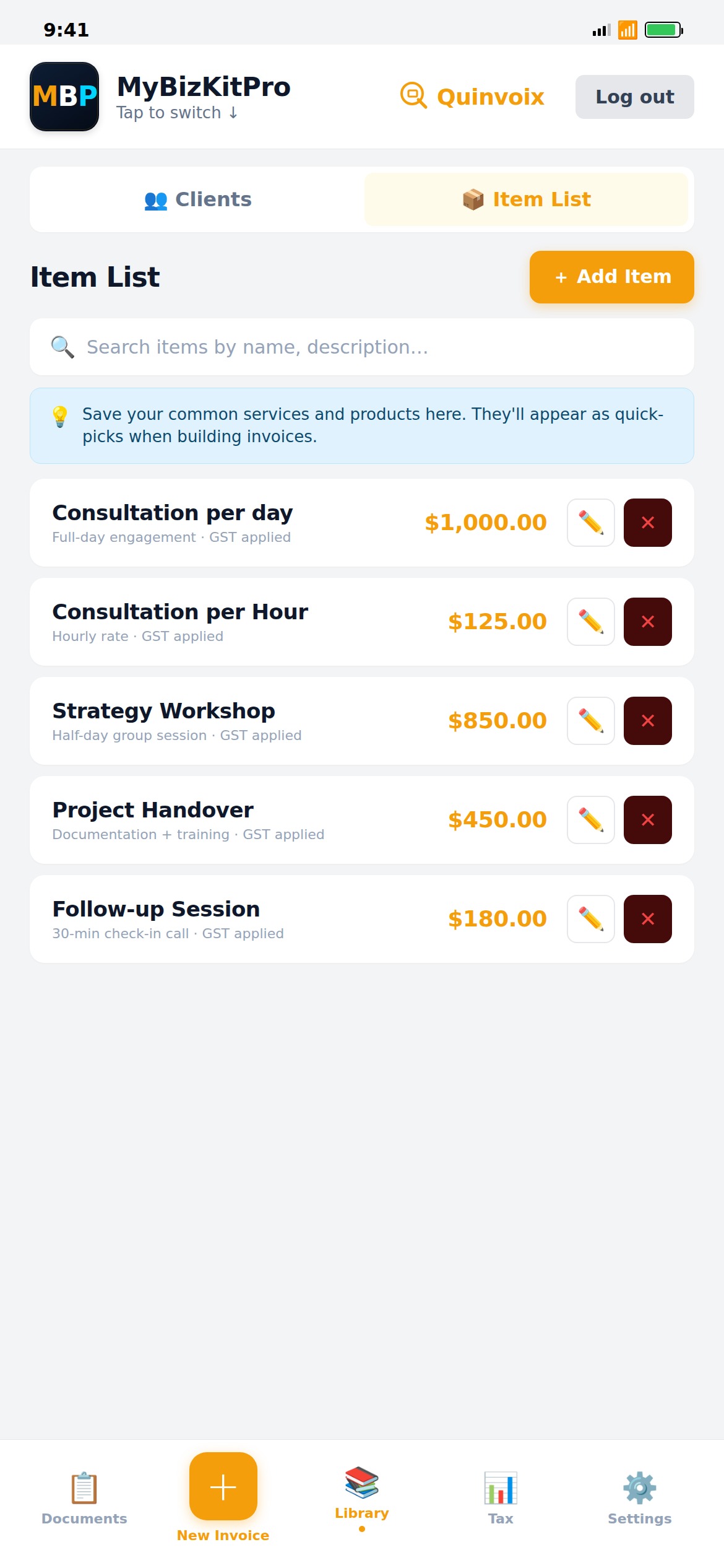 Saved items library — quick picks