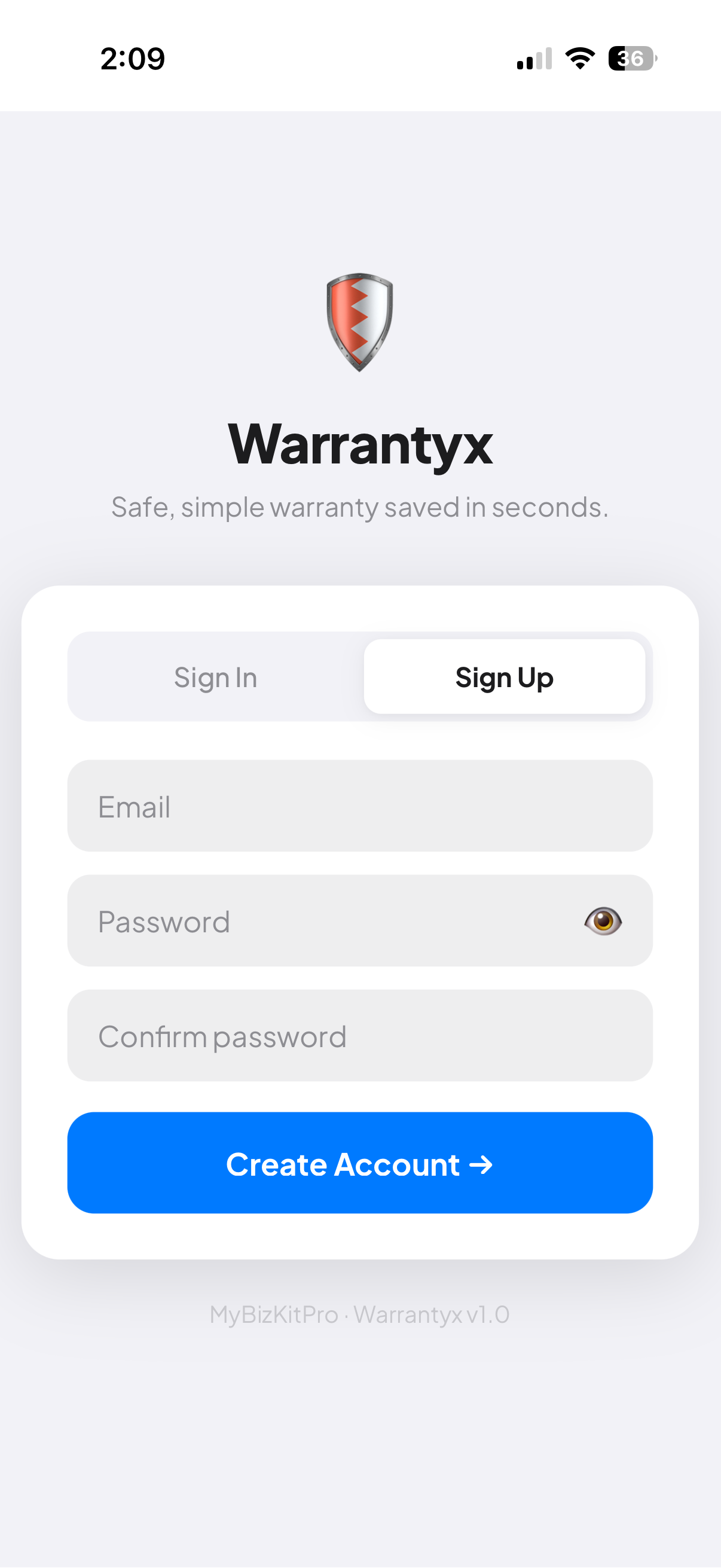 Warrantyx signup screen with Email and Password fields