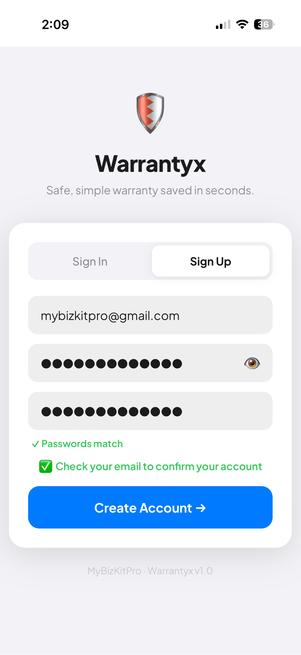 Email confirmation screen