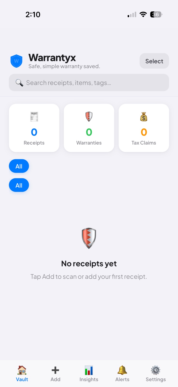 Empty vault home screen