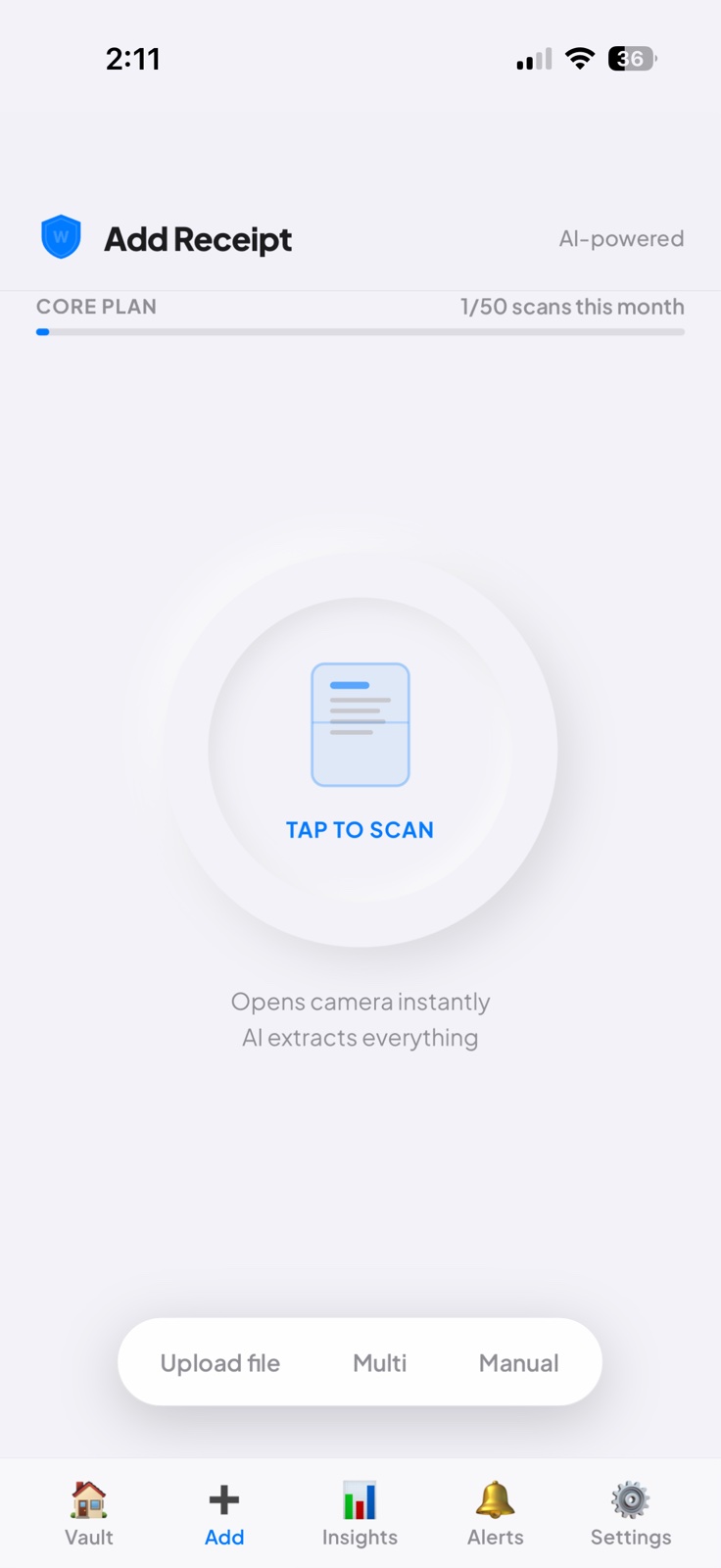 Add Receipt screen with Tap to Scan and upload options