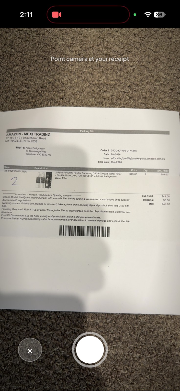 Camera viewfinder pointed at a receipt