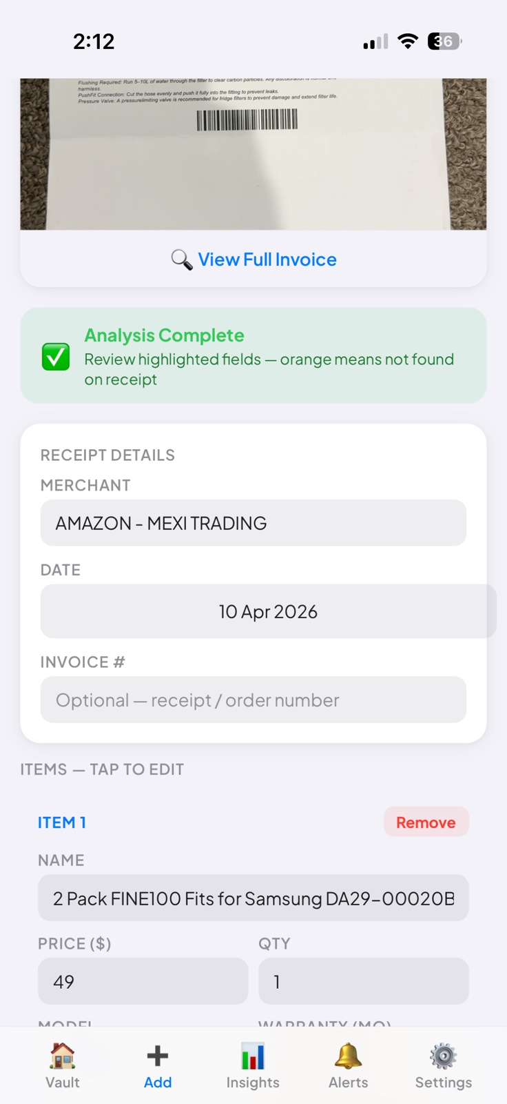 Scan review showing extracted merchant, date, items