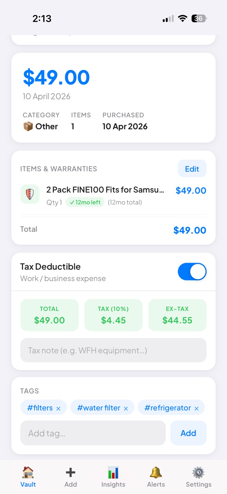 Receipt detail with Tax Deductible toggle on
