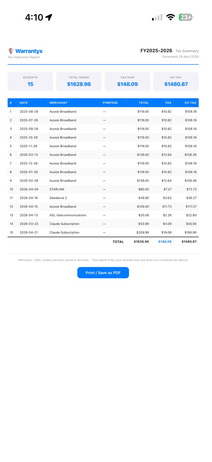 Exported PDF tax summary report