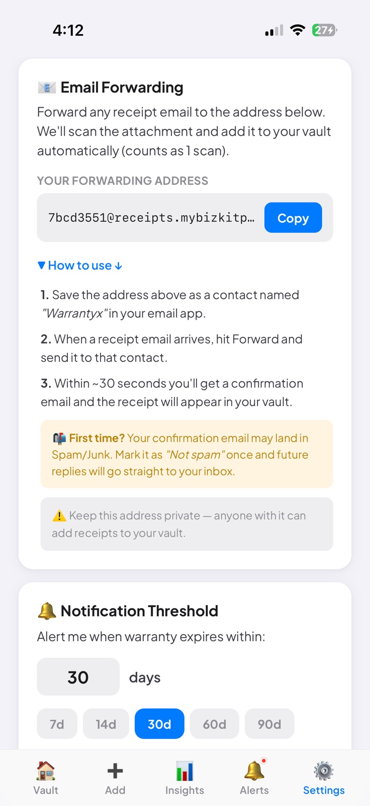 Settings showing personal forwarding address