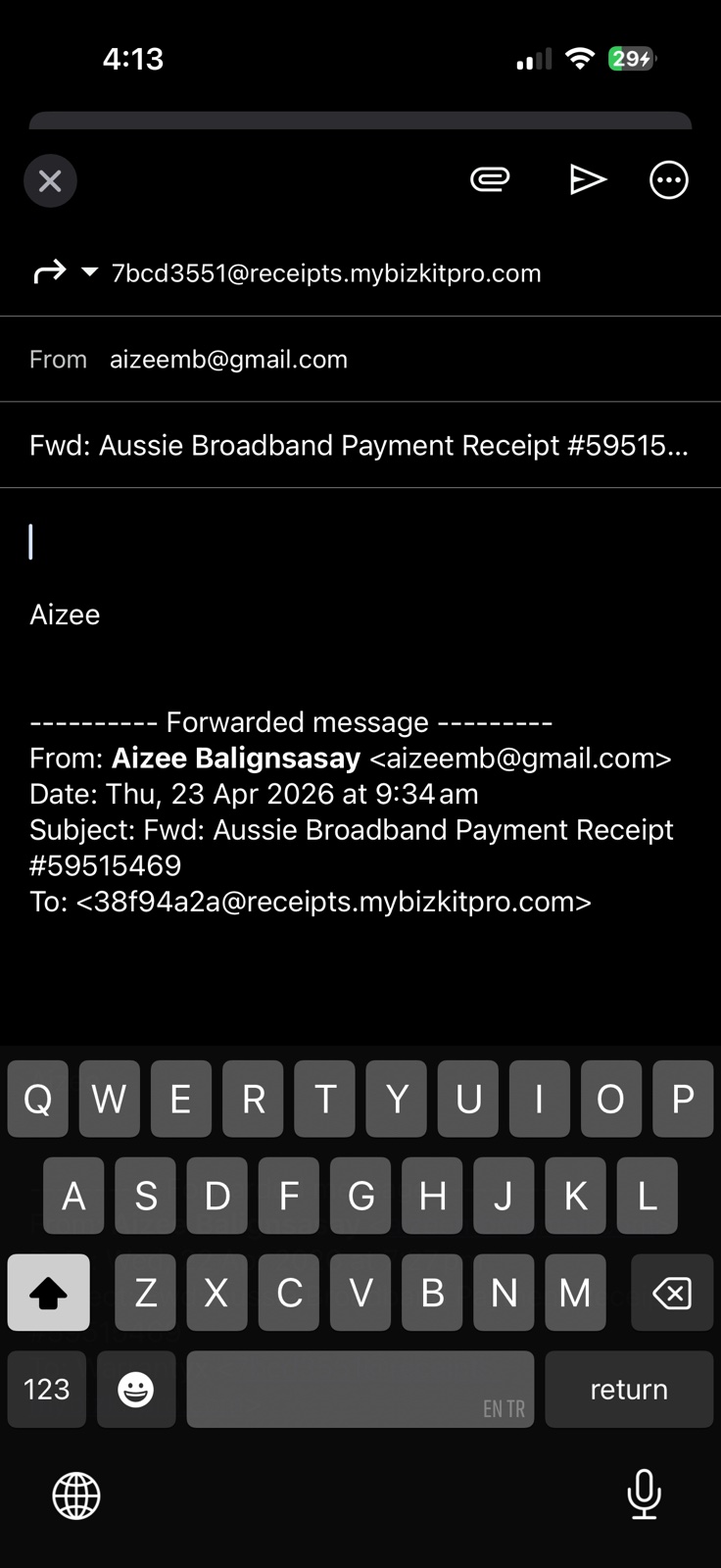 Gmail forward screen with Warrantyx address in To field