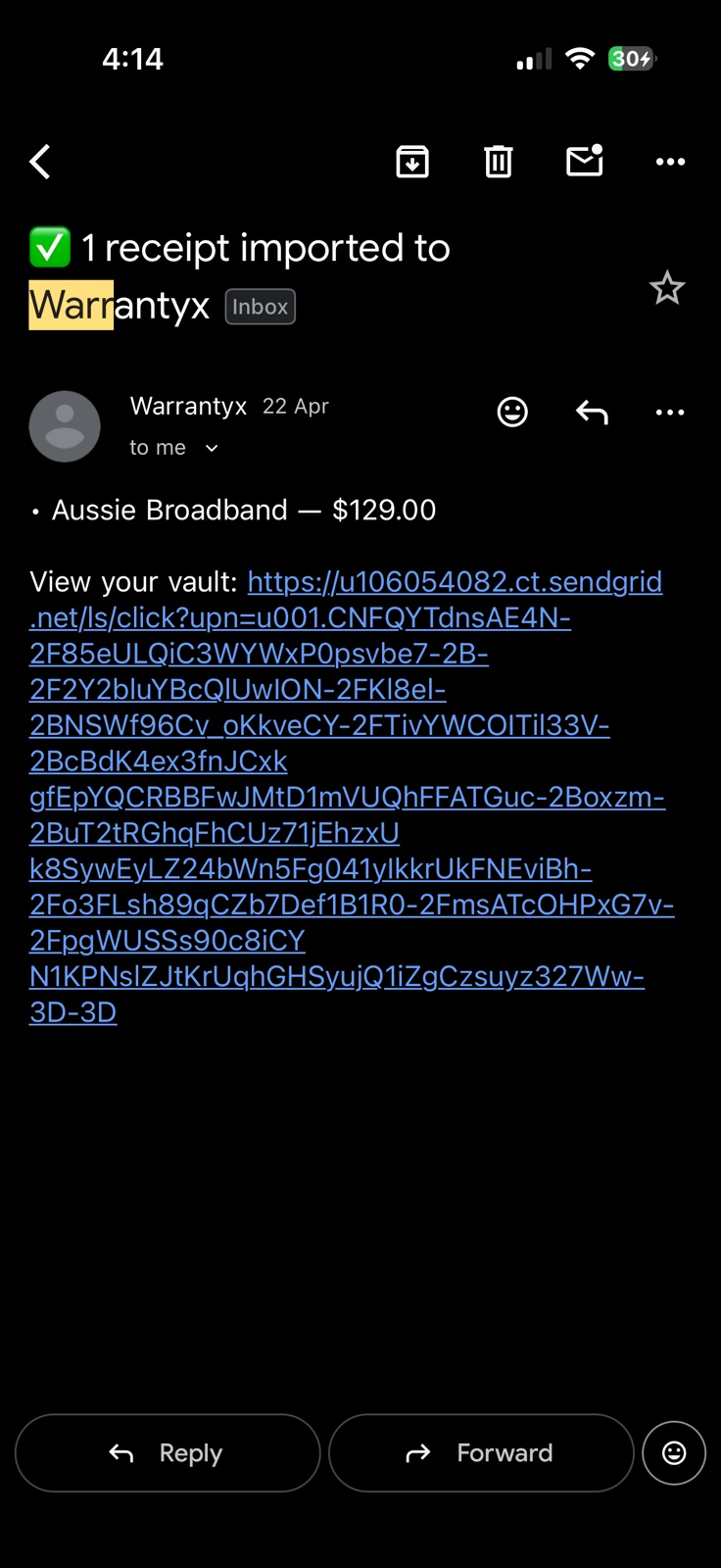 Confirmation email - 1 receipt imported to Warrantyx