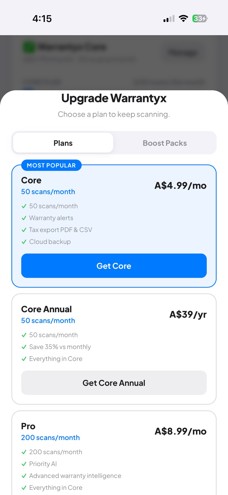 Plan picker screen showing Core and Pro tiers