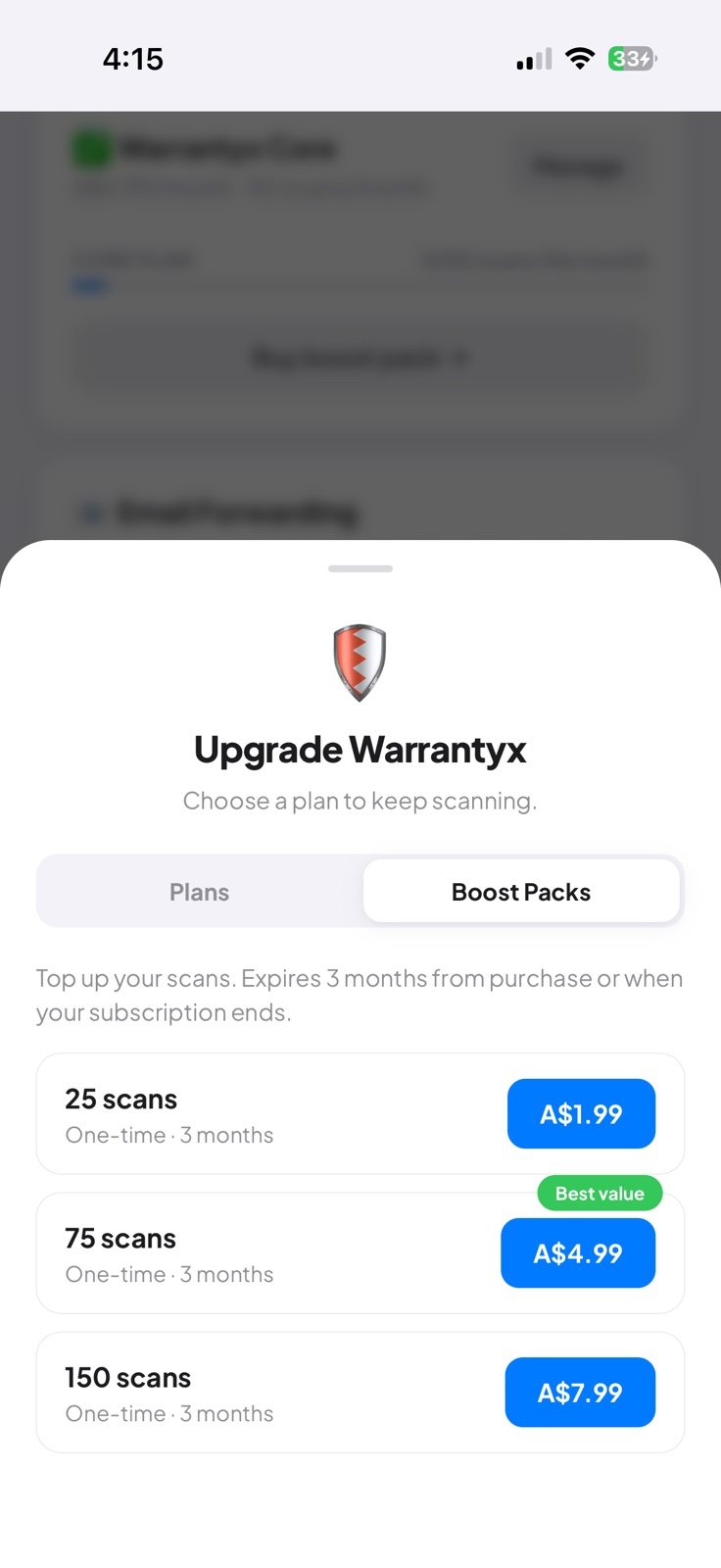 Boost pack options 25, 75, 150 scans