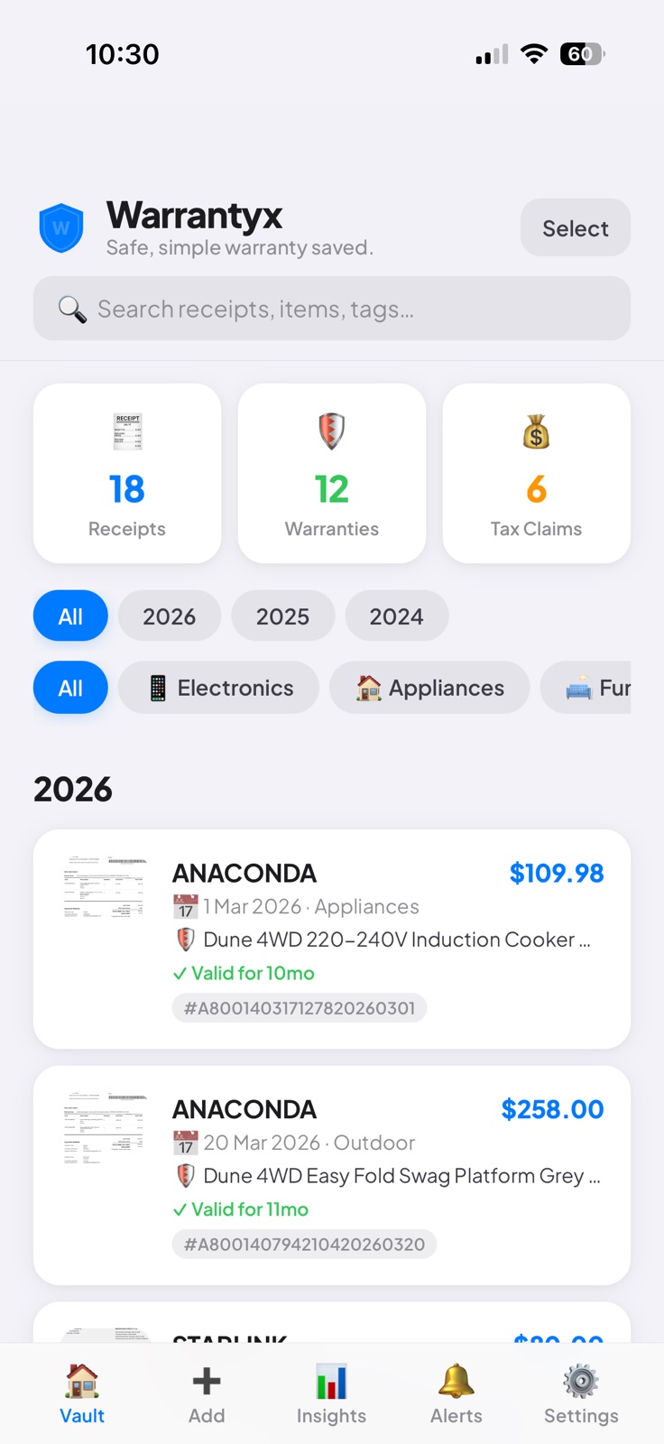 Vault screen showing all receipts