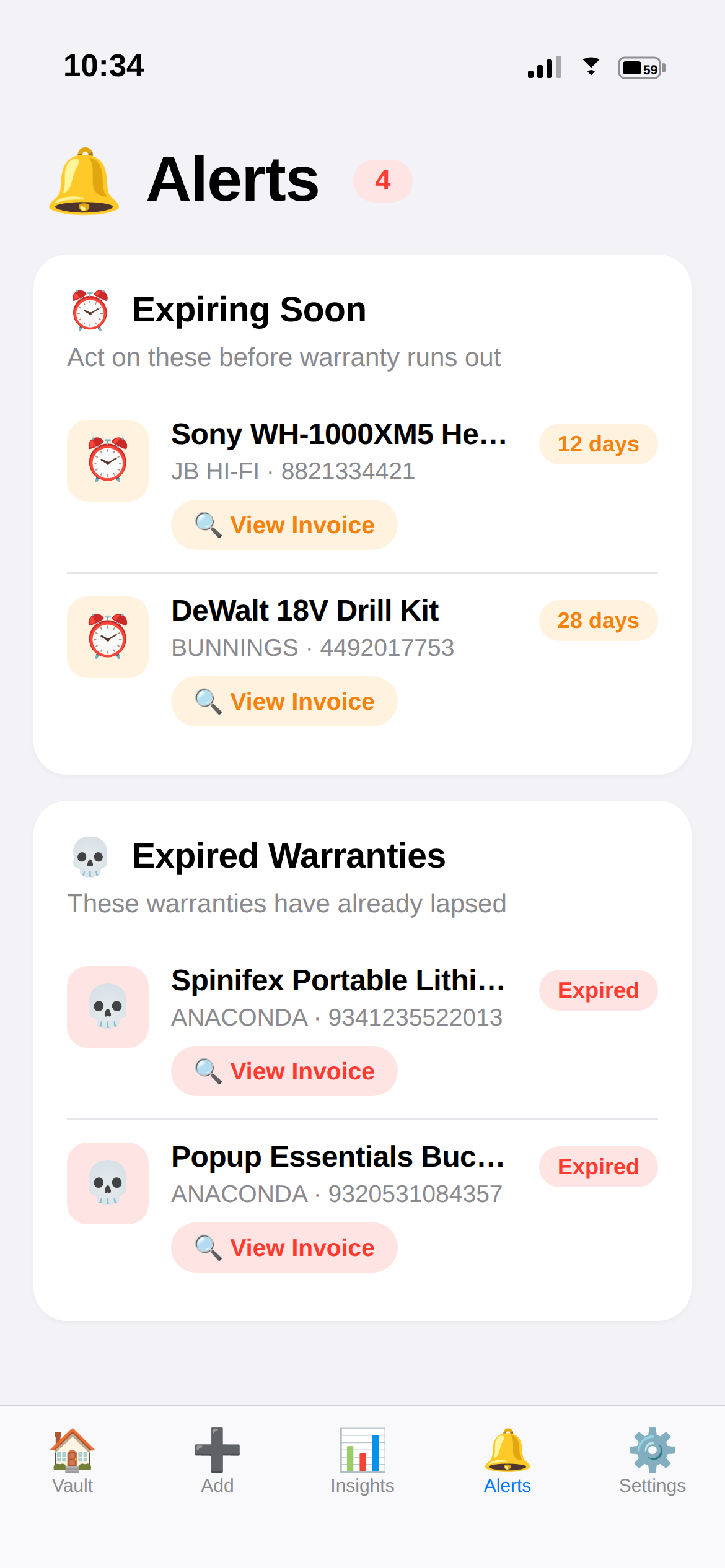 Expiry alerts screen